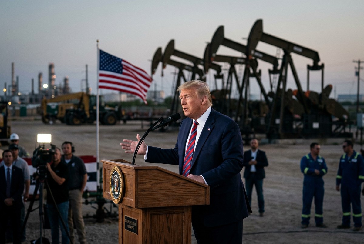 https://media.express-live.ru/Президент США Дональд Трамп на фоне нефтяных вышек